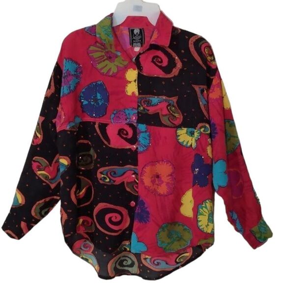 Vintage 1980's Short Circuit Beaded Mod Floral Printed Shirt - Picture 1 of 10